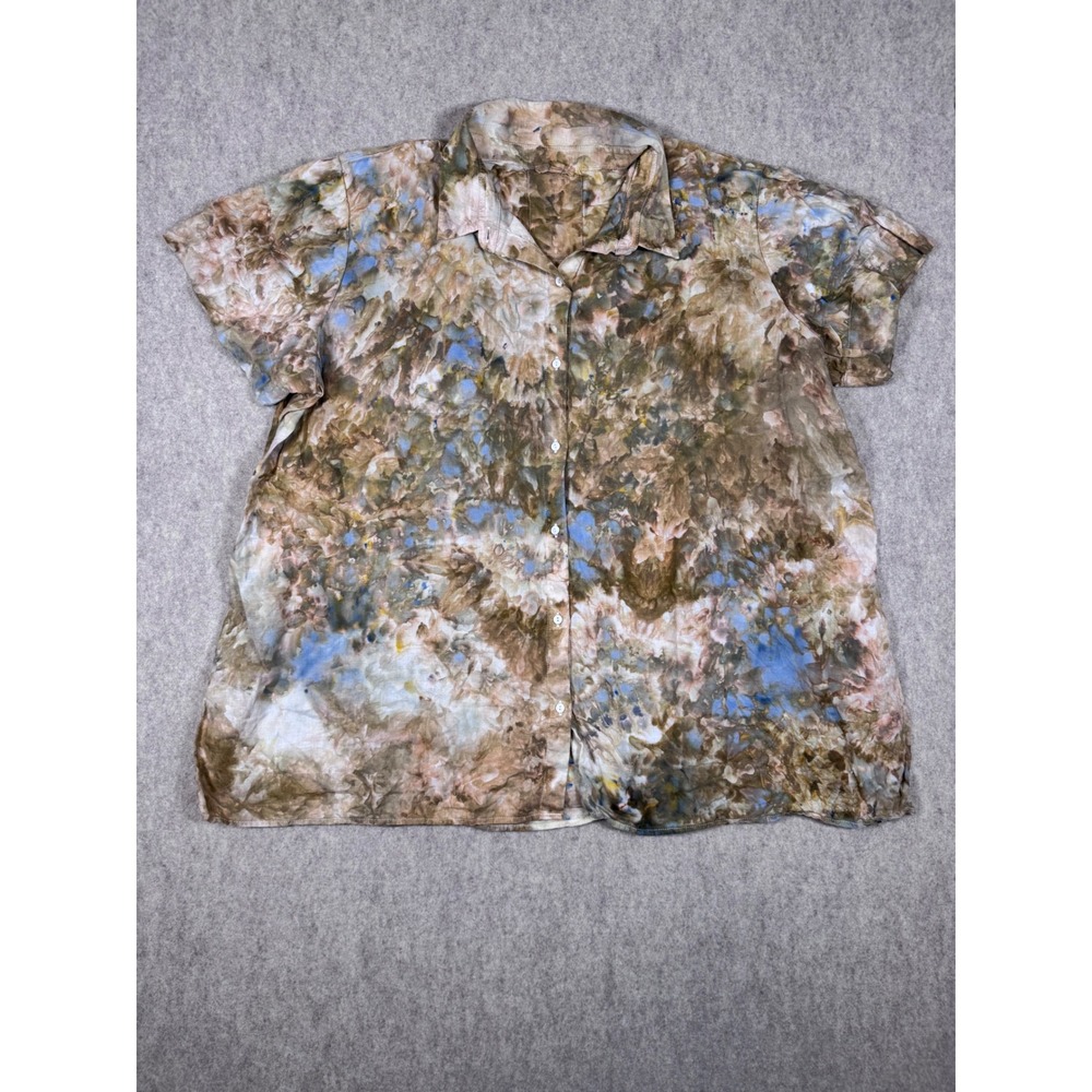 k24. Eileen Fisher Organic Linen Short Sleeve Button Down Shirt Tie Dye size 3XL